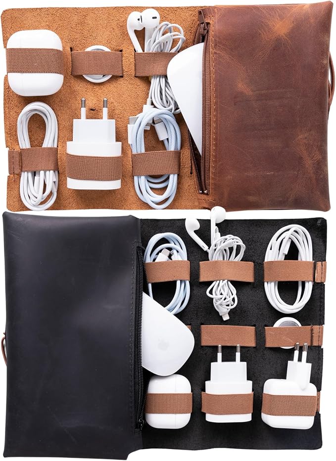 HARDISTON Custom Genuine Leather Electronic Cable Organizer Bag Handmade Travel by HARDISTON