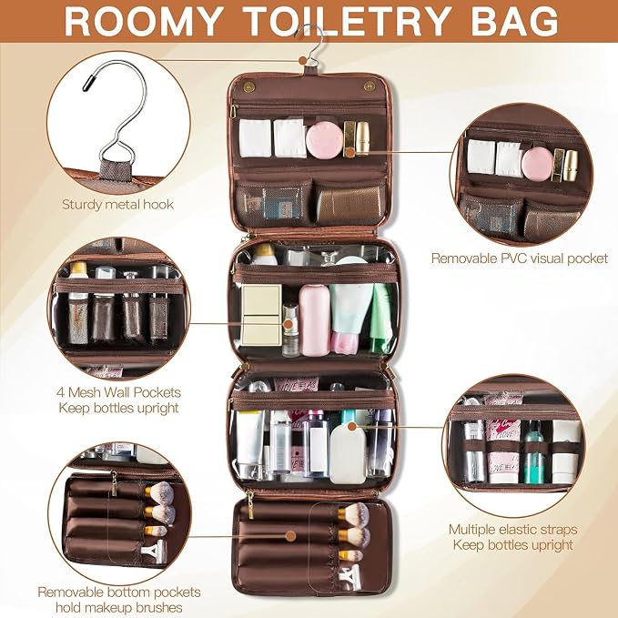 Elviros Hanging Toiletry Bag Removable Travel Bag PU leather Makeup Cosmetic - Image 4