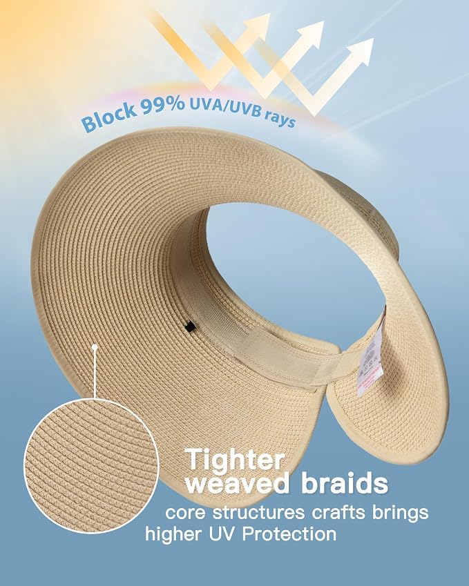 FURTALK Sun Hats for Women Wide Brim Beach Hat Straw Visor Ponytail Summer UV - Image 2