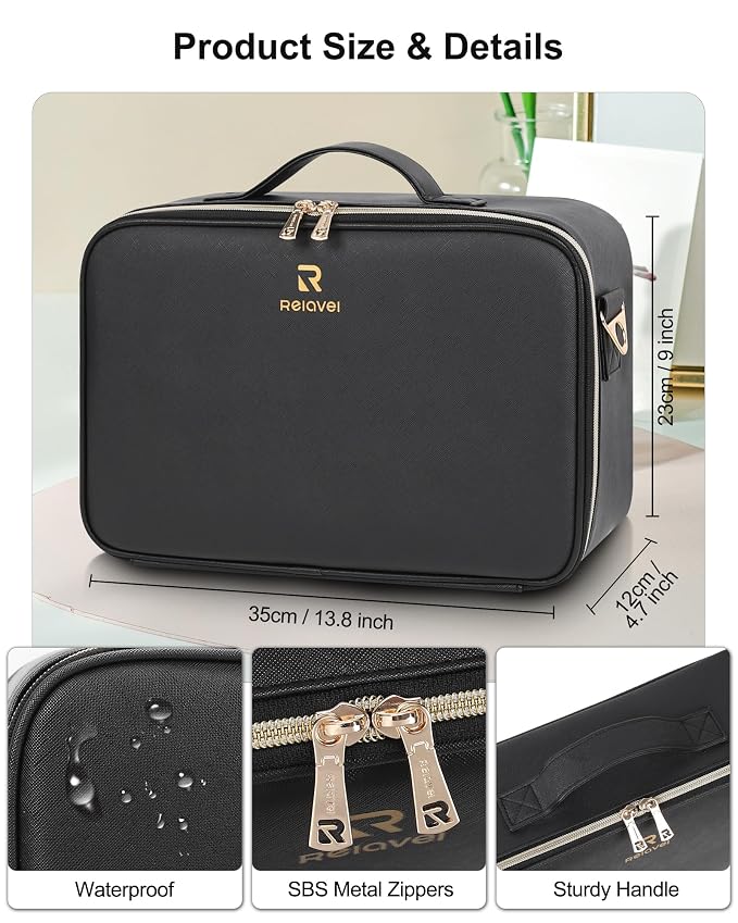 Relavel Makeup Train Case With LED Mirror, Professional Travel Cosmetic Bag - Image 4