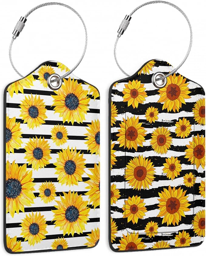 2 Pack Luggage Tag for Suitcase, Sunflowers Striped Leather Suitcase Tags by TXIANT