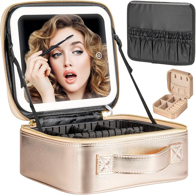 Makeup Travel Train Case with Mirror LED Light 3 Adjustable Brightness Large by Extrei+Gent