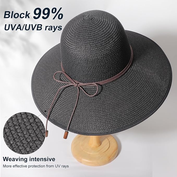 DRESHOW Beach Hats for Women Big Straw Wide Brim Summer Hat Floppy Foldable - Image 2