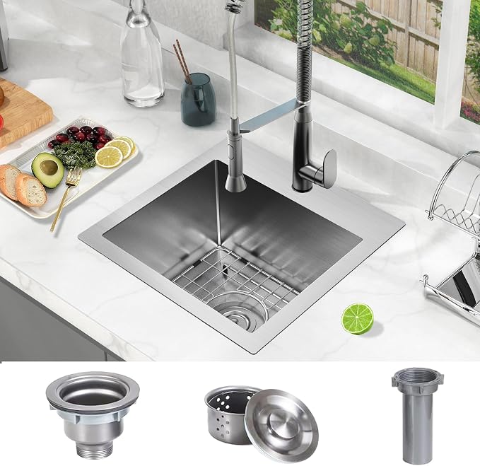 15 x 15 inch Drop in Bar Sink, Small Topmount Kitchen Sink Single Bowl 18 Gauge - Image 2