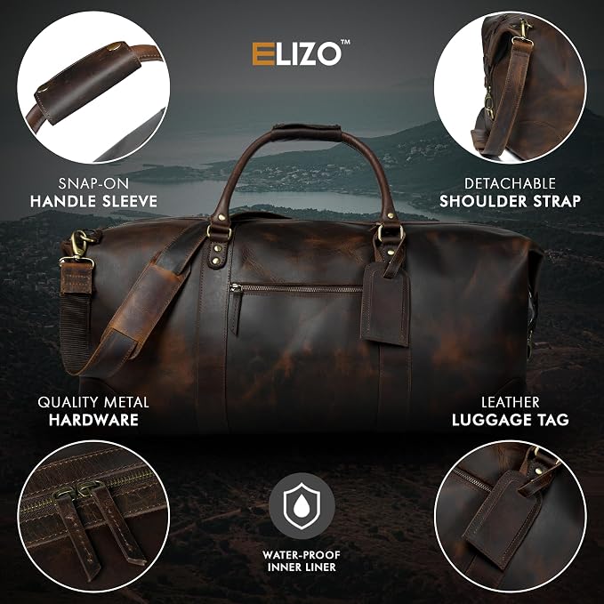 ELIZO Large Leather Duffle Bag For Men Women Big REAL FULL GRAIN Travel - Image 3
