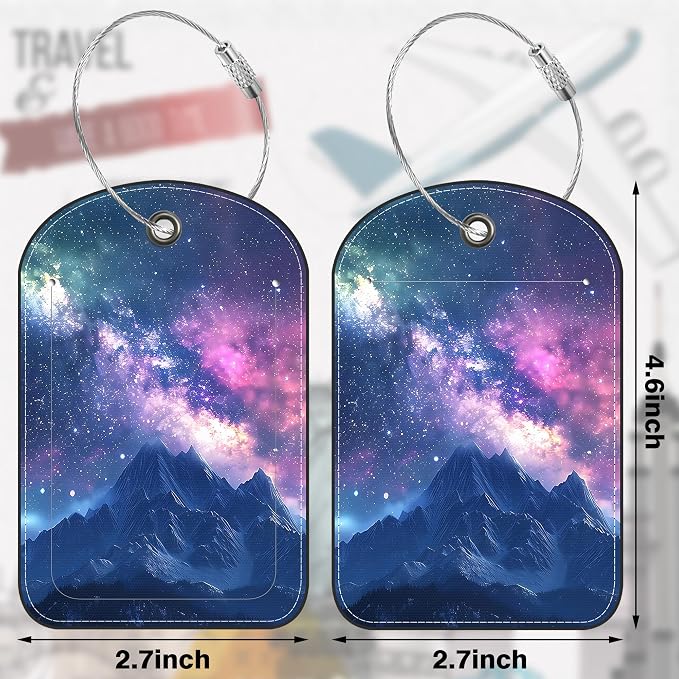 2 Pack PU Luggage Tags for Suitcase, Mountain Under Starry Sky Suitcase Tag - Image 2