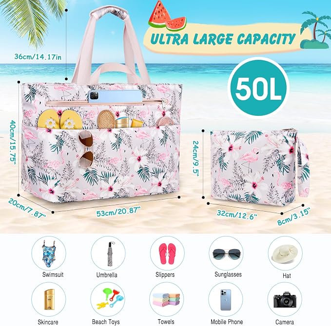 Extra Large Beach Bags for Women, Waterproof Sandproof Beach Tote Bag Zipper - Image 5