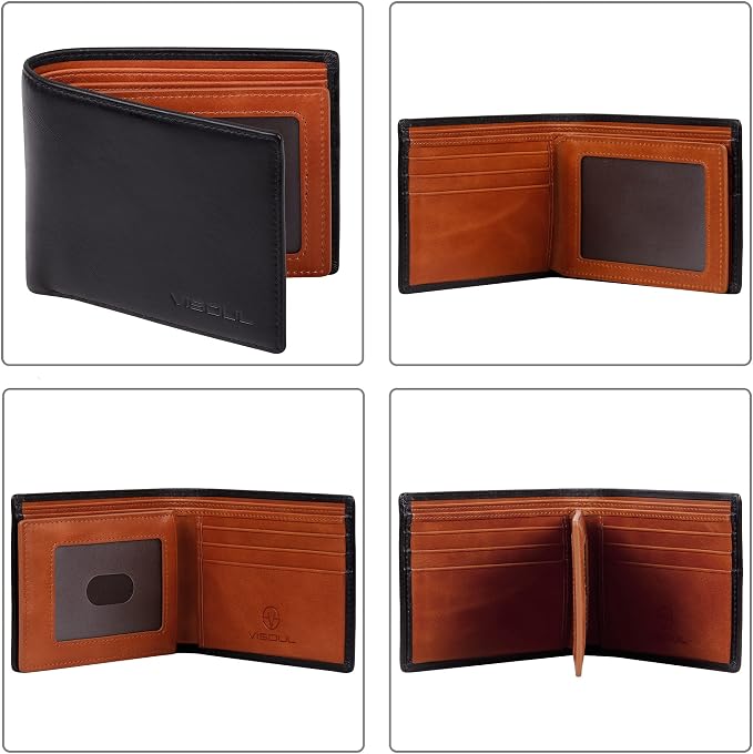 VISOUL Mens Bifold Wallet with 2 ID Windows and 2 Money Compartments, Genuine - Image 2