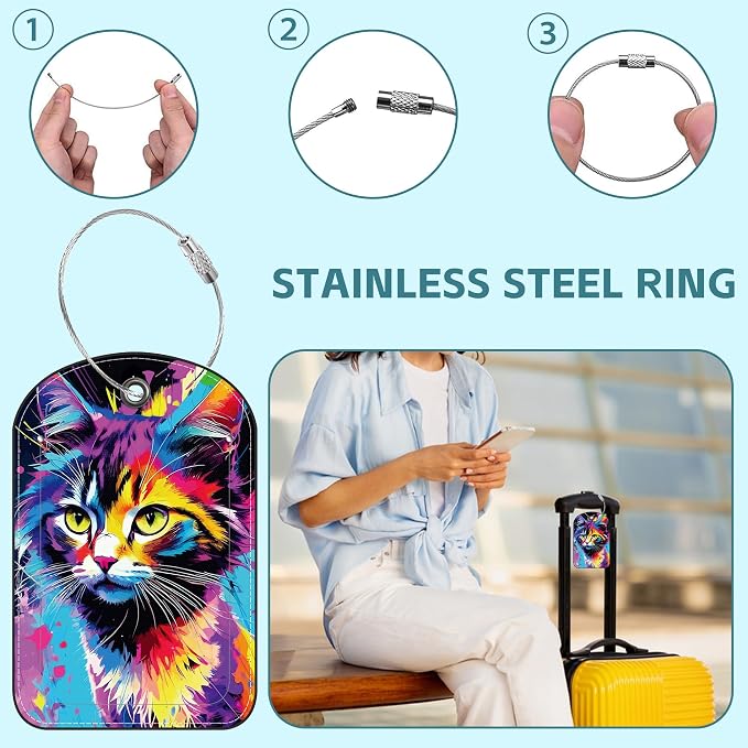 2 Pack Cute Luggage Tag for Suitcases Colorful Cat Leather Luggage Tags - Image 3