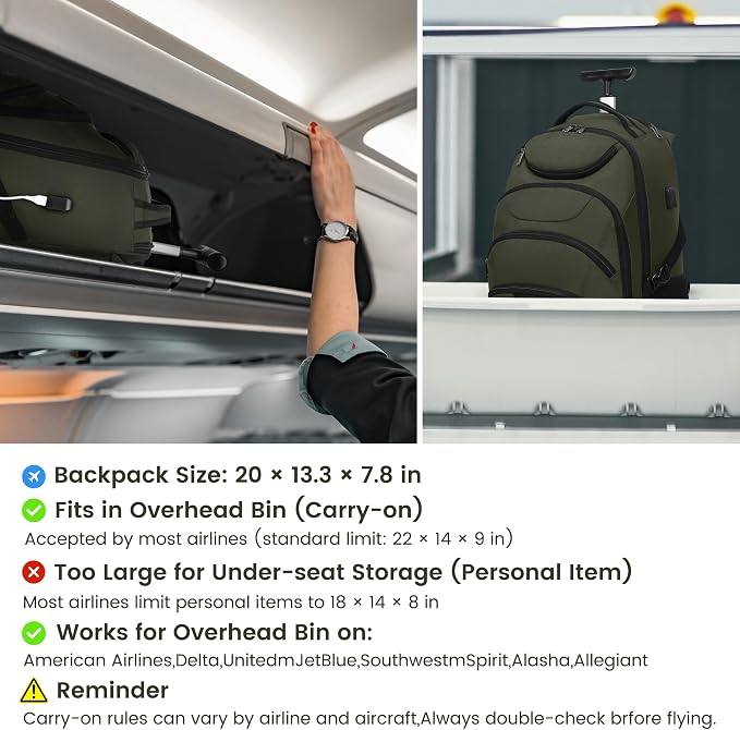 Boavan Rolling Backpack, 17 inch Water Resistant Wheeled Backpack, Carry on - Image 3