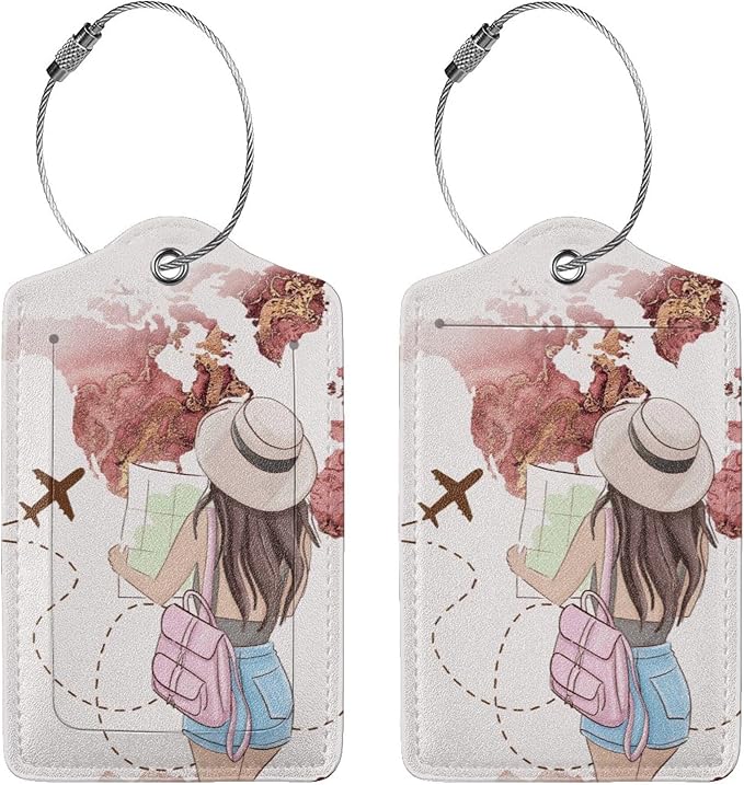 2 Pack Luggage Tags for Suitcase, Travel Girl PU Leather Travel Luggage Tag - Image 2