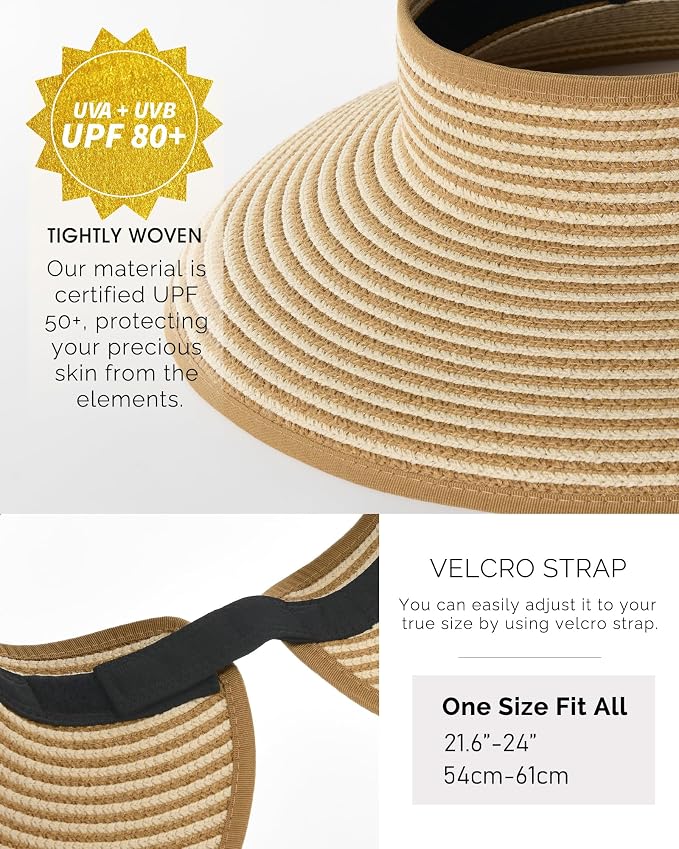 FURTALK Sun Hats for Women Wide Brim Beach Hat Straw Visor Ponytail Summer UV - Image 4