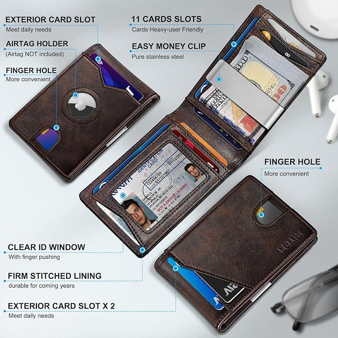 Airtag Wallet for Men, with Money Clip 11 Cards Slim Front Pocket Leather RFID - Image 2