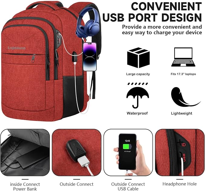 Lapsouno Large Backpack, Travel Laptop Backpack, Carry on Backpack, Sturdy 17 - Image 3