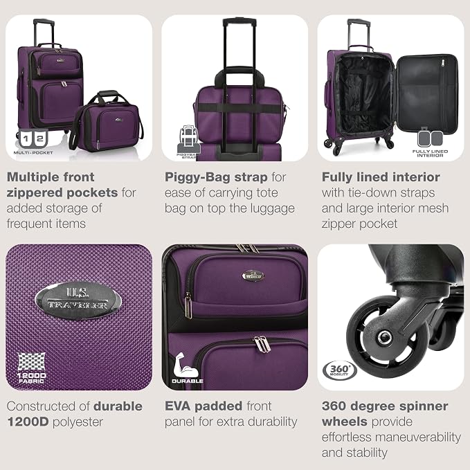 U.S. Traveler Lightweight Rolling 20" Carry On Luggage Softside Suitcase - Image 4