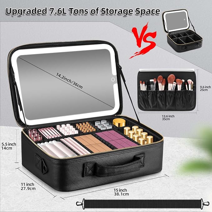 Large Travel Makeup Bag with LED Mirror, 3-Color Stepless Dimming Stand Mirror - Image 2