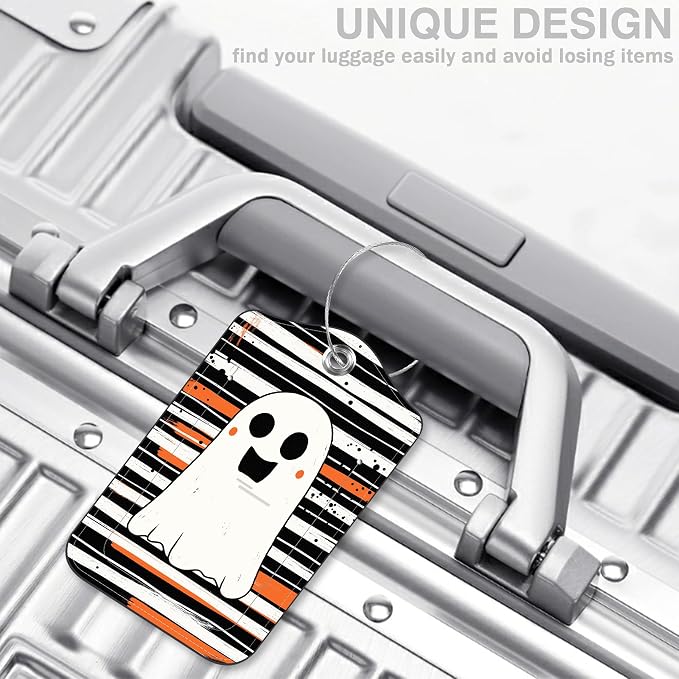 Halloween Set of 2 Luggage Tags Cute Ghost on Black and White Stripes Luggage - Image 5