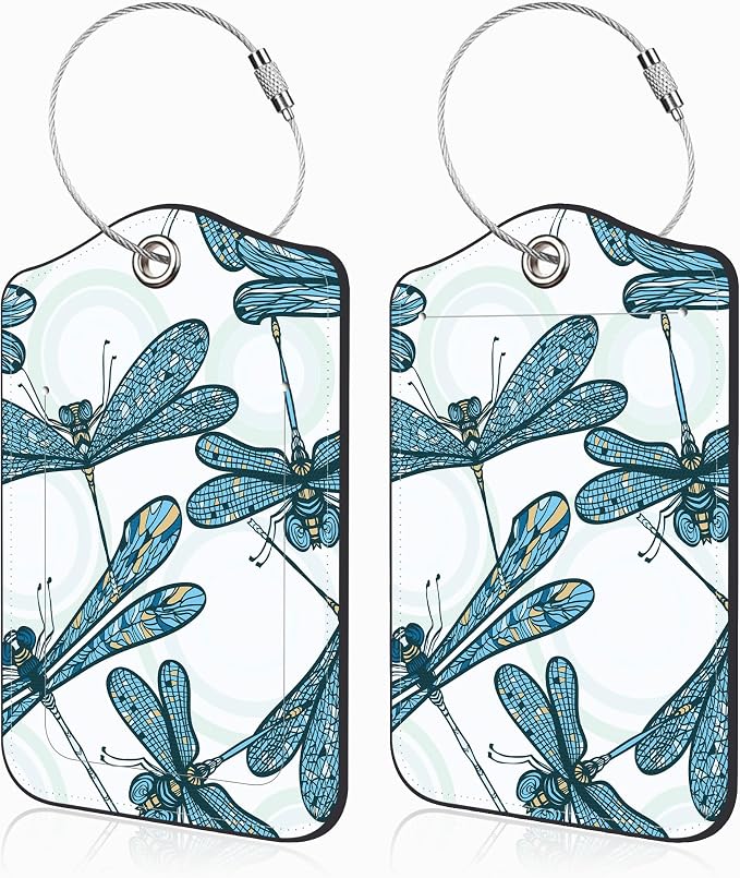 2 Pack Luggage Tags for Suitcases Vintage Blue Dragonflies Leather Luggage Tags by Unknown