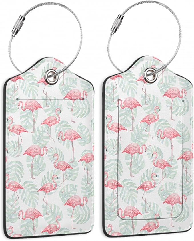 2 Pack Luggage Tag for Suitcase, Flamingos Palm Leafs Leather Suitcase Tags by TXIANT