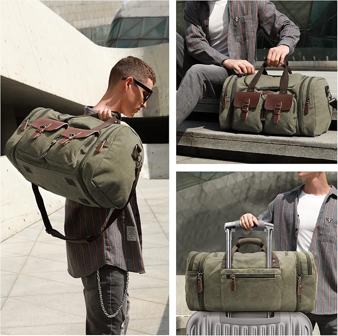 Wildroad 50L Travel Duffel Bag, Expandable Canvas Genuine Leather Duffle Bag - Image 3