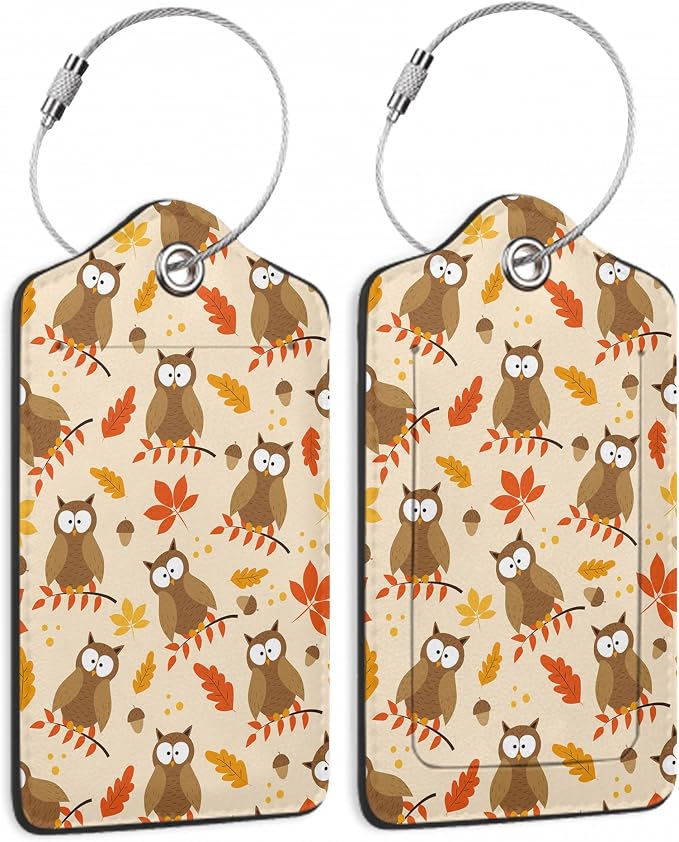 2 Pack Luggage Tags for Suitcase, Autumnal Leaves and Owl Bird Leather Luggage by Yashilaiya