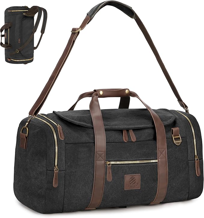 Vintage Canvas Duffle Bag, 50L Genuine Leather Travel Duffel Backpack by DensataTravelBag