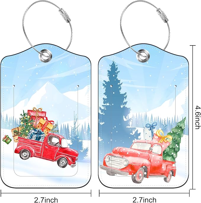 2 PCS Leather Luggage Tags for Suitcase Red Pickup Christmas Tree and Gifts - Image 2