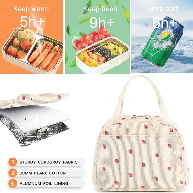 Bluboon Lunch Bag for Women Men Cute Corduroy Lunch Tote Bags Reusable - Image 4