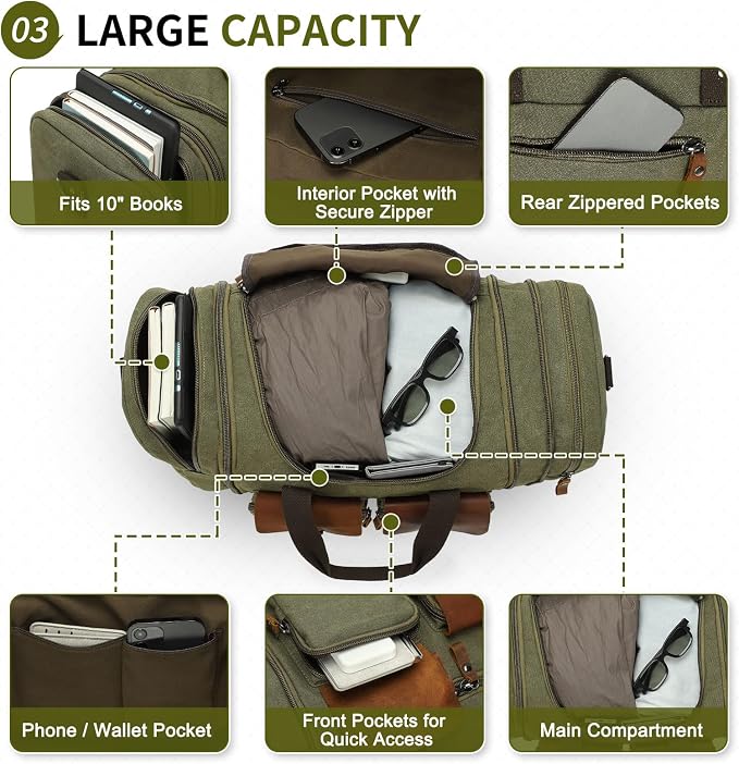 Canvas Duffle Bag with Genuine Leather Accents, Expandable 20-23 Inch Travel - Image 4