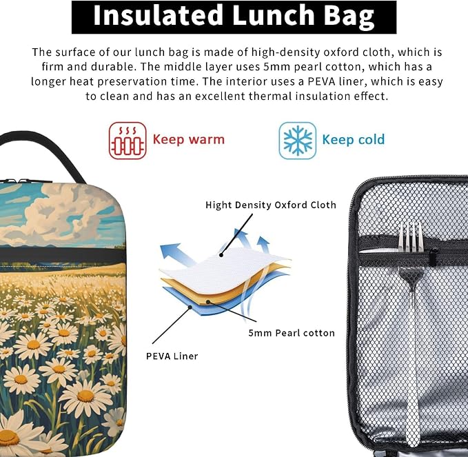 Daisy Flower Lunch Box for Kids Aldults, Nature Floral Reusable Thermal - Image 5