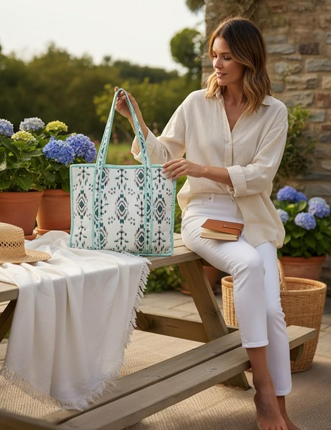 Cotton Quilted Tote Bag for Women – Large Beach & Travel Tote - Image 3