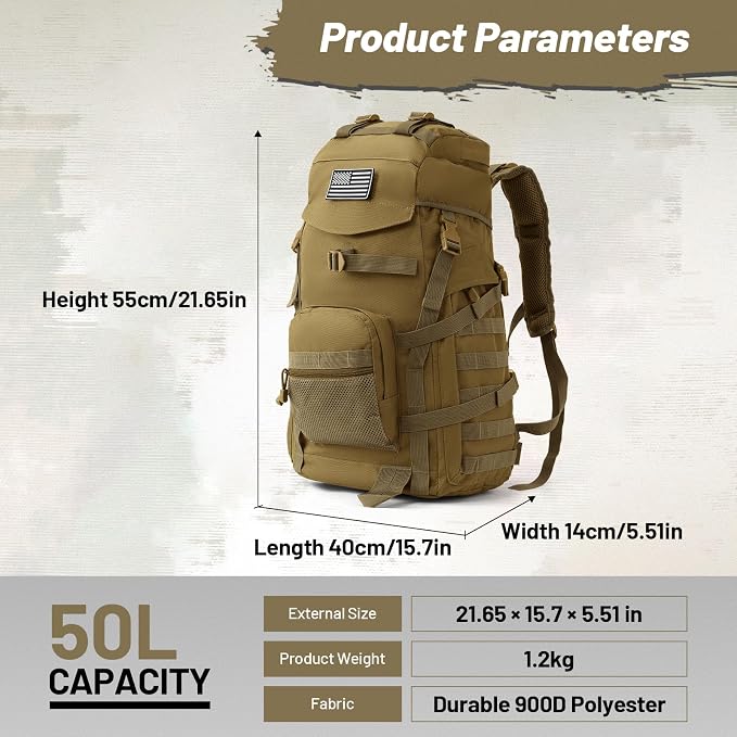 50L Tactical Backpack for Men and Women, Water-Resistant Molle Rucksack - Image 3