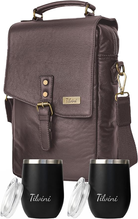 Insulated Leather Wine Bag & 2 Wine Tumblers Set. Leather Wine Bottle Carrier by Tilvini