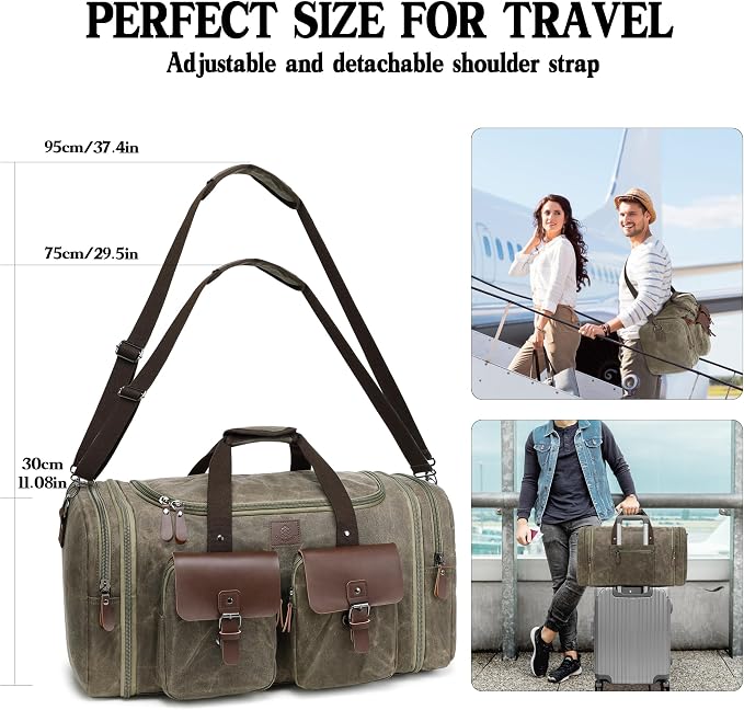 Waxed Canvas Duffle Bag for Men 50L Travel Duffel Bags Expandable Genuine - Image 7