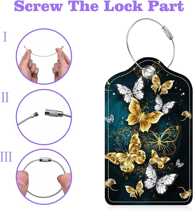 Set of 2 Luggage Tags Golden and White Butterfly Leather Suitcases Tag - Image 4