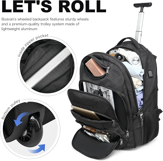Boavan Wheeled Backpack, 18.4 inch Water Resistant Rolling Backpack, Carry on - Image 6
