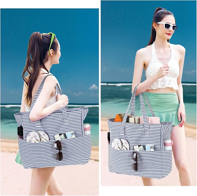 LEDAOU Large Beach Tote Bag Women Waterproof Sandproof Zipper Beach Tote Bag - Image 2