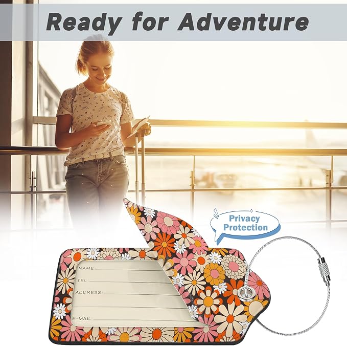 2 Pack Luggage Tag for Suitcase, Vintage Groovy Flowers Leather Suitcase Tags - Image 5