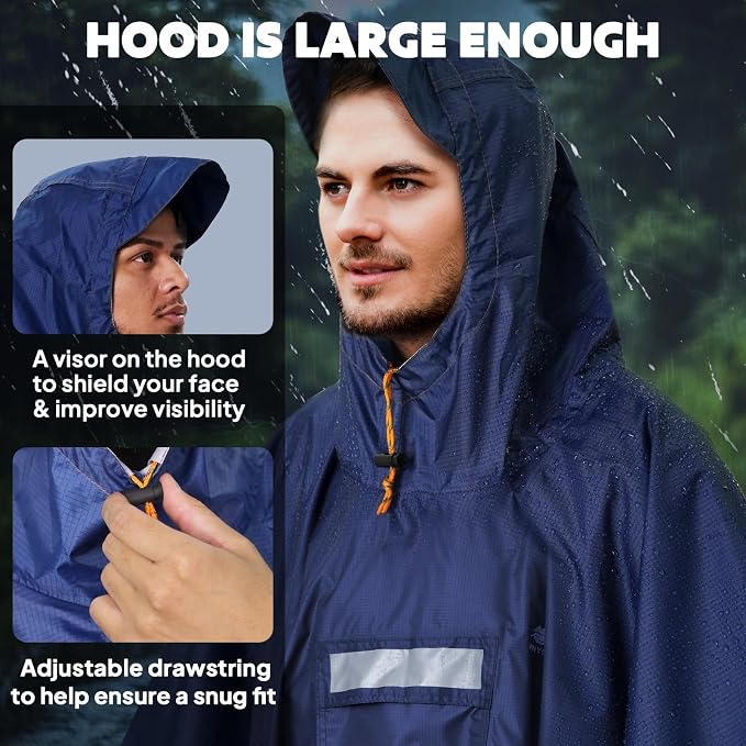ANYOO Hooded Rain Poncho for Adults Waterproof Lightweight Rain Coat for Men - Image 4
