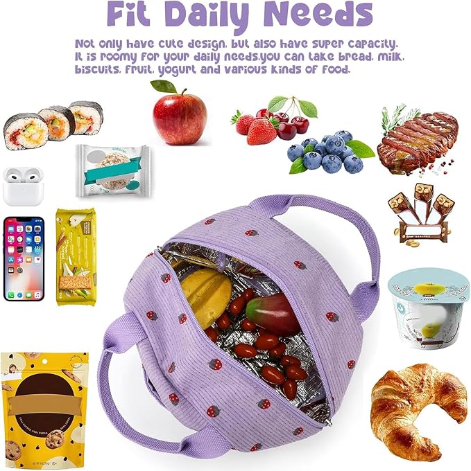 Bluboon Lunch Bag for Women Men Cute Corduroy Lunch Tote Bags Reusable - Image 3
