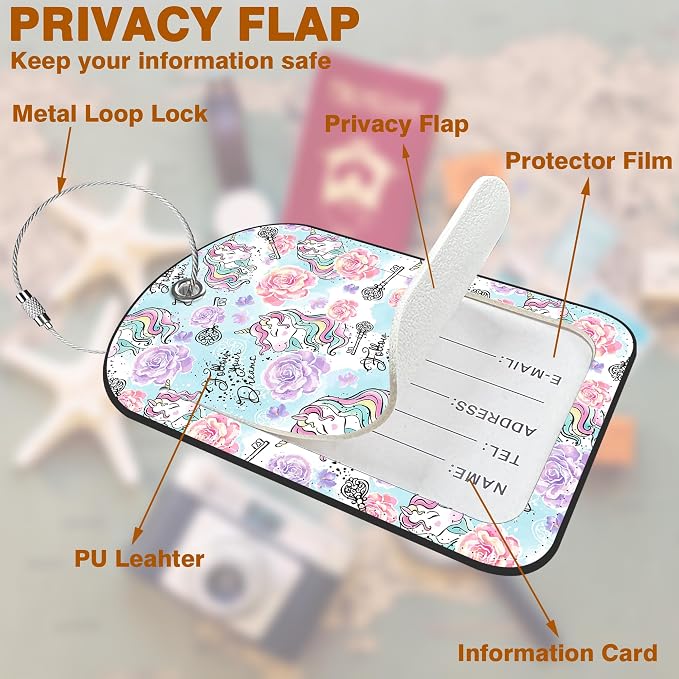 2 Pack PU Luggage Tags for Suitcase, Cute Unicorns Suitcase Tag Leather ID - Image 3