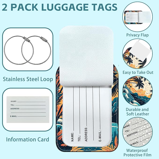 2 Pack Cute Luggage Tag for Suitcases Summer Beach Leather Luggage Tags - Image 2
