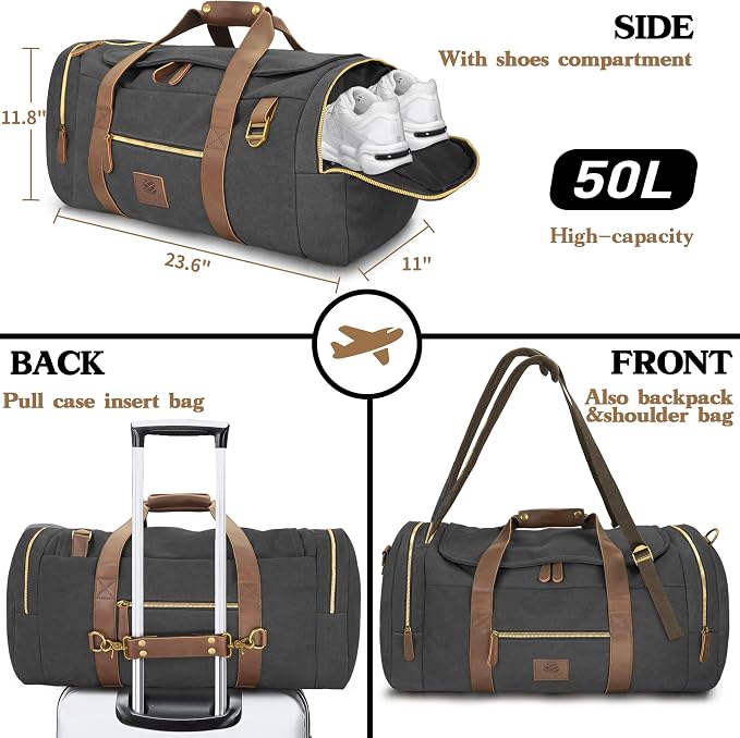 Vintage Canvas Duffle Bag, 50L Genuine Leather Travel Duffel Backpack - Image 3
