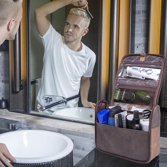 Hanging Toiletry Bag for Men VANCASE Vintage Leather Shaving Dopp Kit Medium - Image 2
