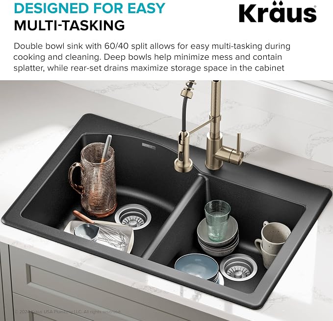 KRAUS Forteza 33-inch Drop In/Undermount 60/40 Double Bowl Granite Kitchen Sink - Image 7