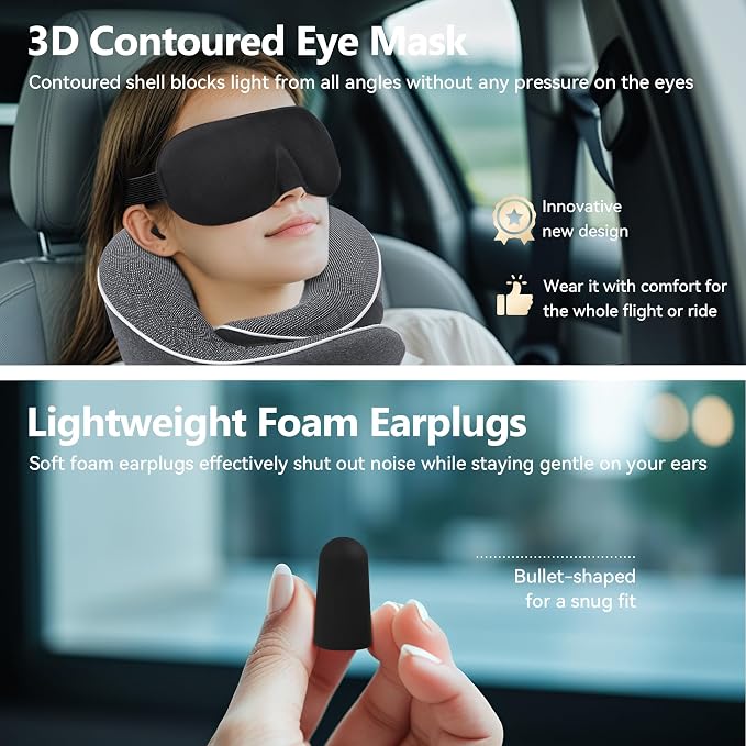 Travel Neck Pillow 100% Memory Foam – Airplane & Car Travel Essentials Kit - Image 5