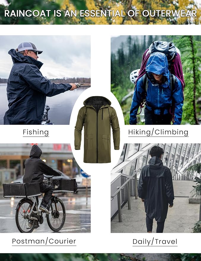 COOFANDY Men's Long Raincoat Ligtweight Rain Jacket Waterproof Outdoor Jackets - Image 4
