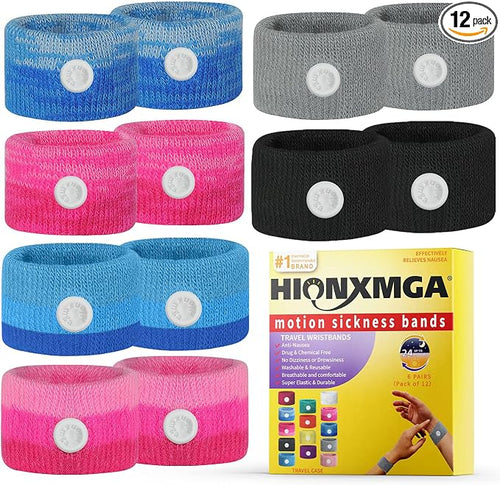 6 Pairs Motion Sickness Bands – Natural Anti Nausea Acupressure Wristbands by HIONXMGA