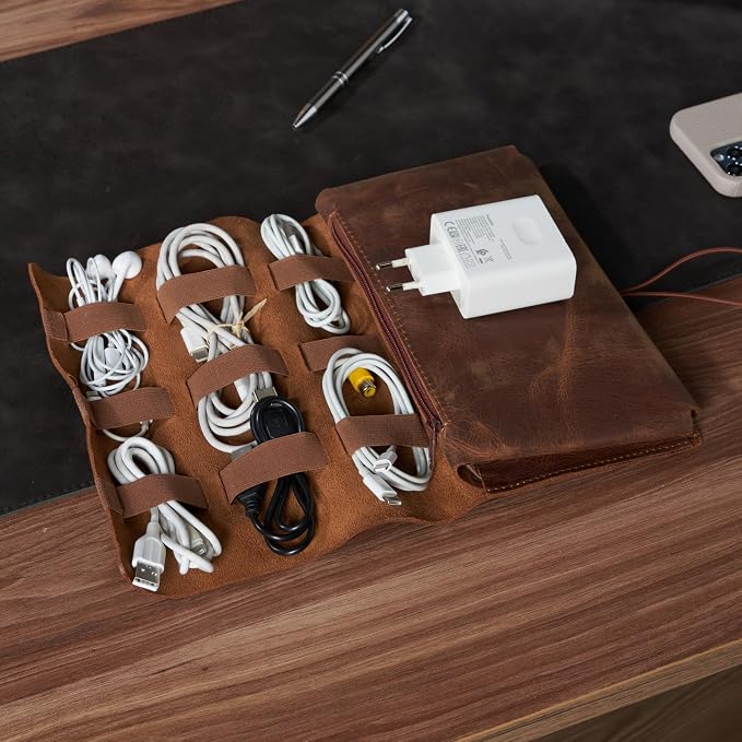 HARDISTON Custom Genuine Leather Electronic Cable Organizer Bag Handmade Travel - Image 4