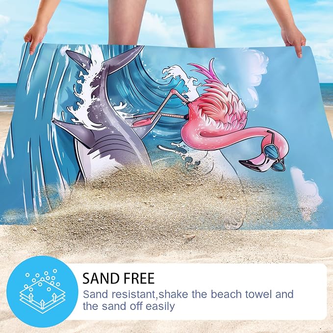 WZOMT Microfiber Flamingo Beach Towel Oversized, Funny Flamingo Riding A Shark - Image 4